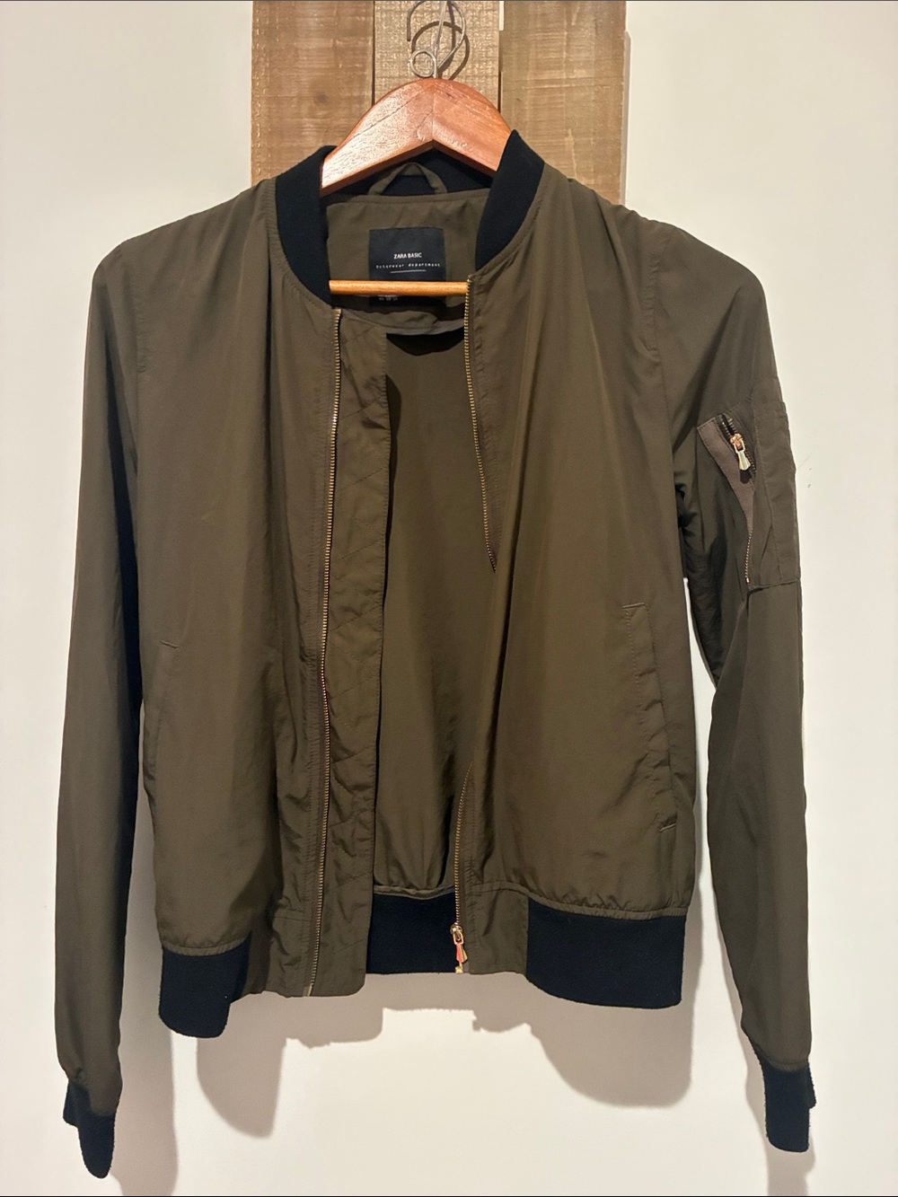 Zara Olive Bomber Jacket with Black Rib Trim